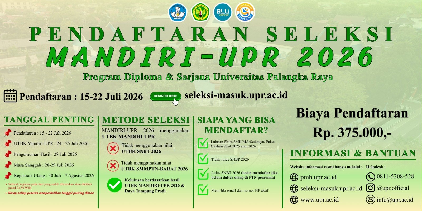 UPR Buka Seleksi Mandiri 15 – 22 Juli 2026 melalui laman; seleksi-masuk.upr.ac.id